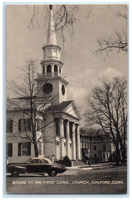 c1940's Broad St. & First Congregational Church Guilford Connecticut CT Postcard