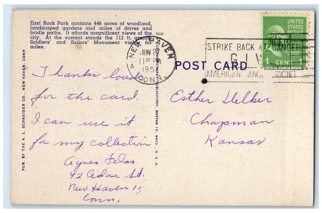 1951 Soldier's Monument Yale University New Haven Connecticut CT Posted Postcard
