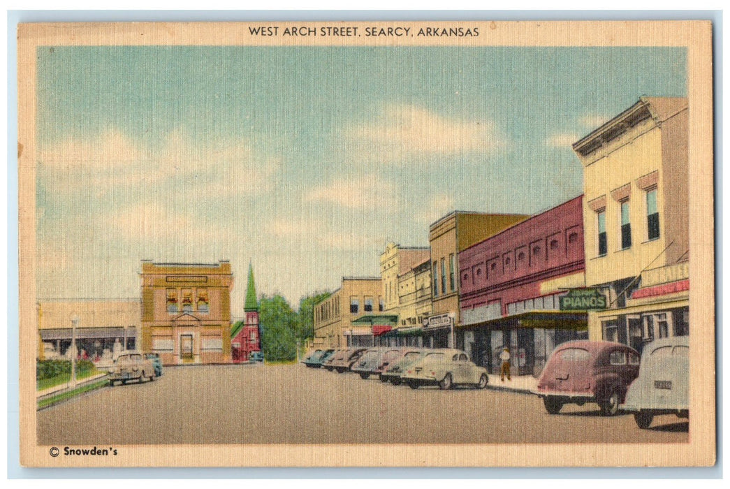 c1940's West Arch Street Classic Cars Establishments Searcy Arkansas AR Postcard