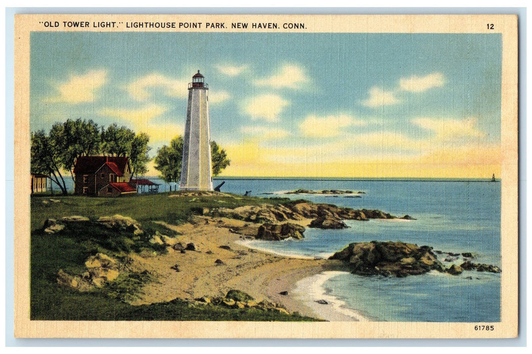 c1940's Old Tower Light Lighthouse Point Park New Haven Connecticut CT Postcard