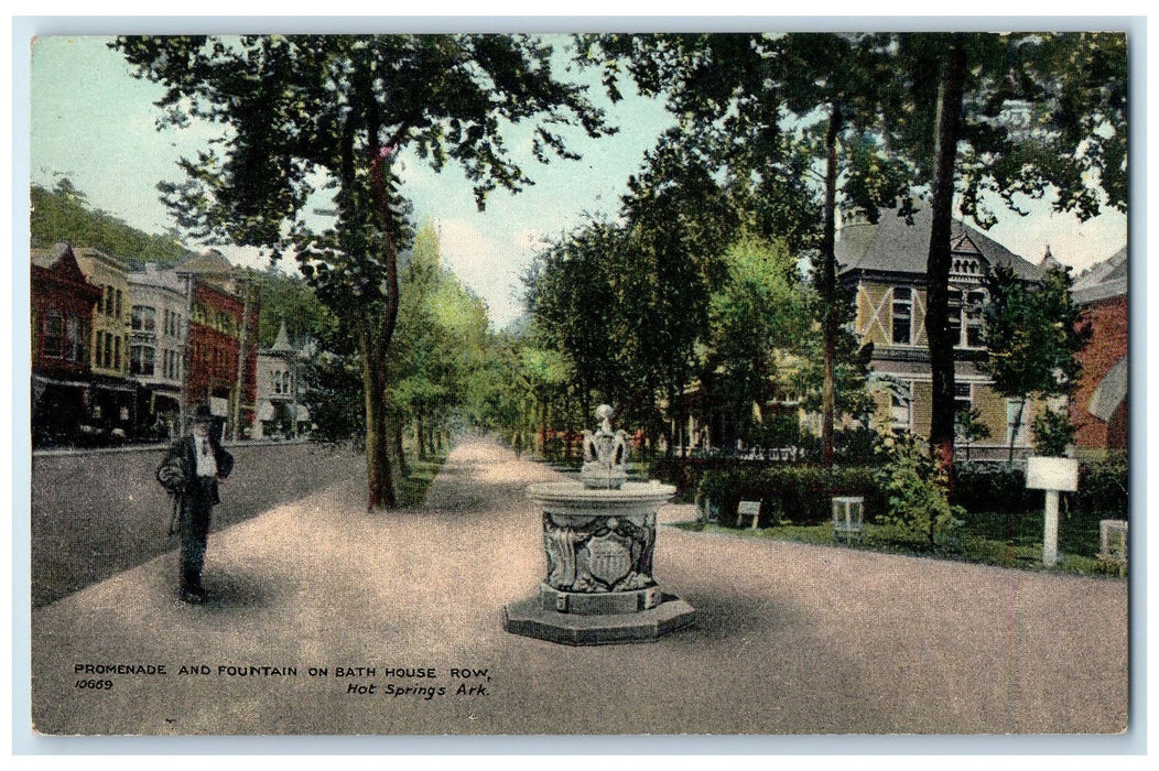 c1910 Promenade & Fountain On Bath House Row Hot Springs Arkansas AR Postcard