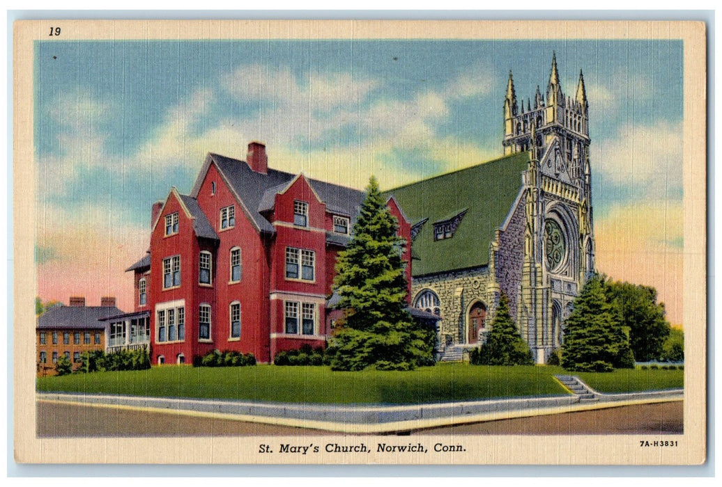 c1940s St. Mary's Church Exterior Norwich Connecticut CT Unposted Trees Postcard