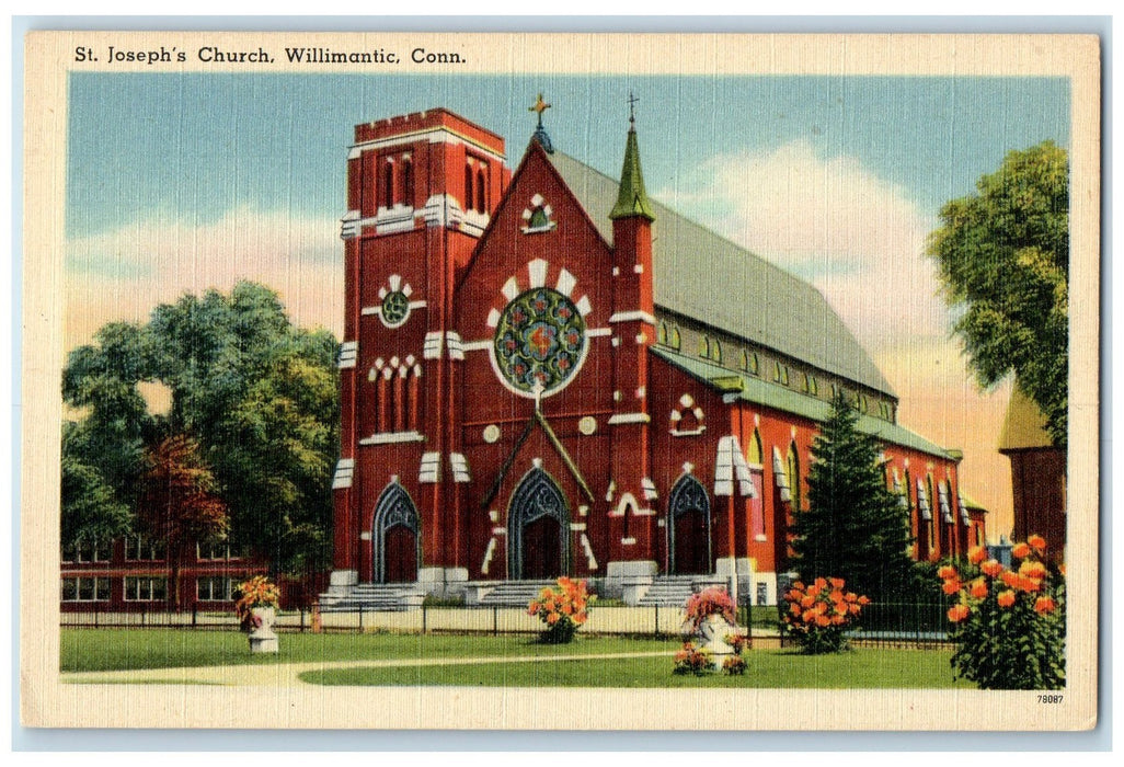 c1940's St. Joseph Church Exterior Willimantic Connecticut CT Unposted Postcard