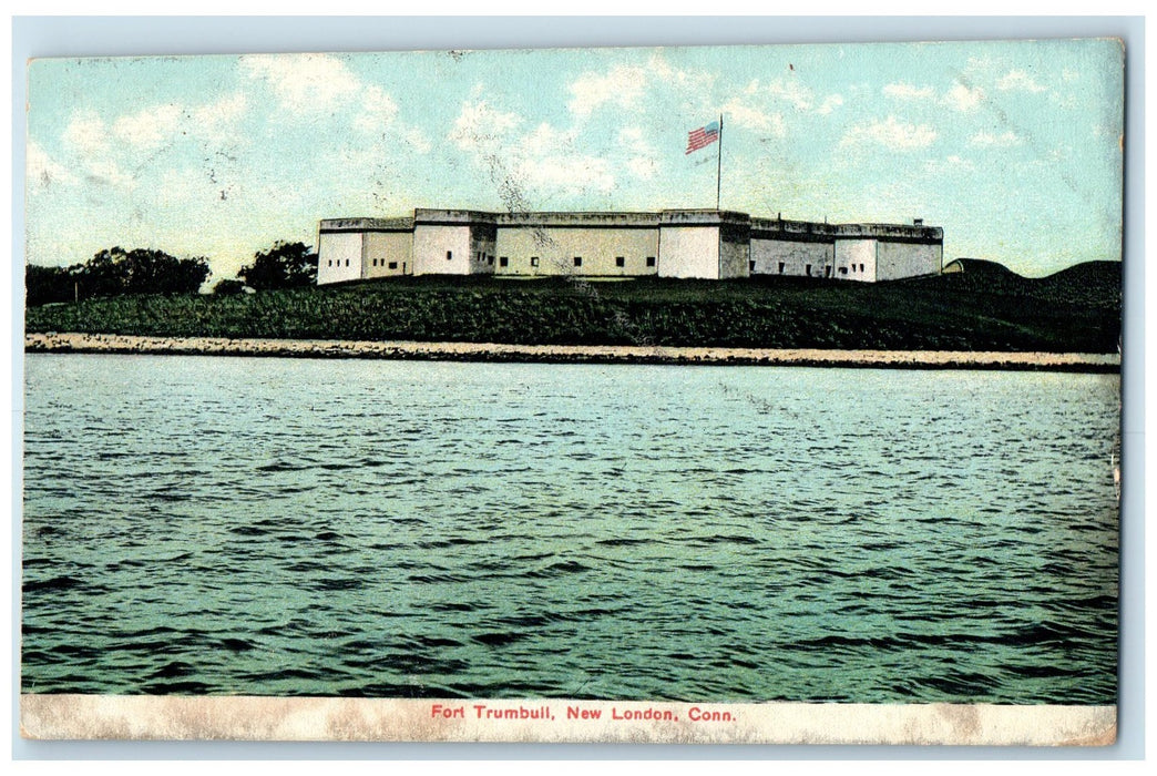 1907 Fort Trumbull Exterior Flag Scene New London Connecticut CT Trees Postcard