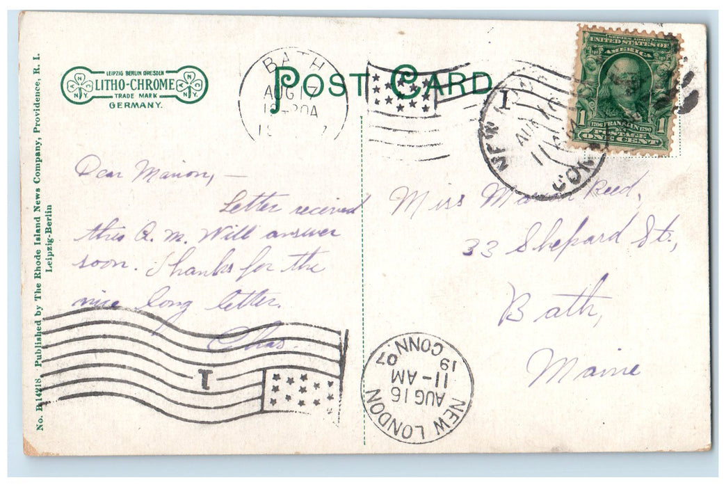 1907 Fort Trumbull Exterior Flag Scene New London Connecticut CT Trees Postcard