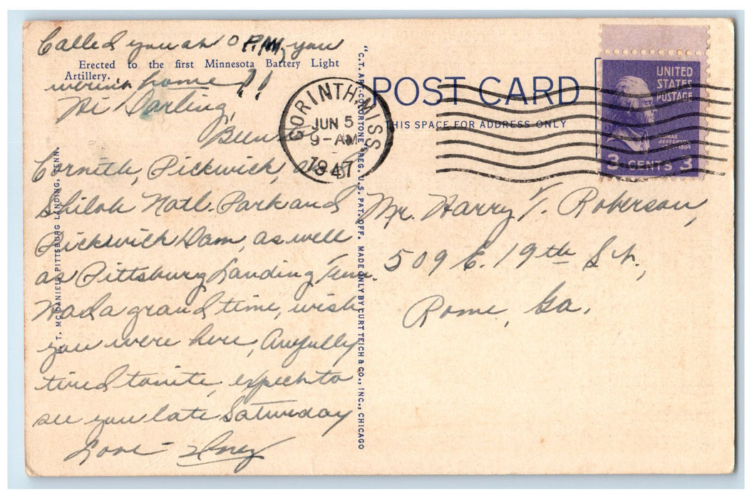 1947 Minnesota Monument Shiloh National Military Park View Pittsburg TN Postcard