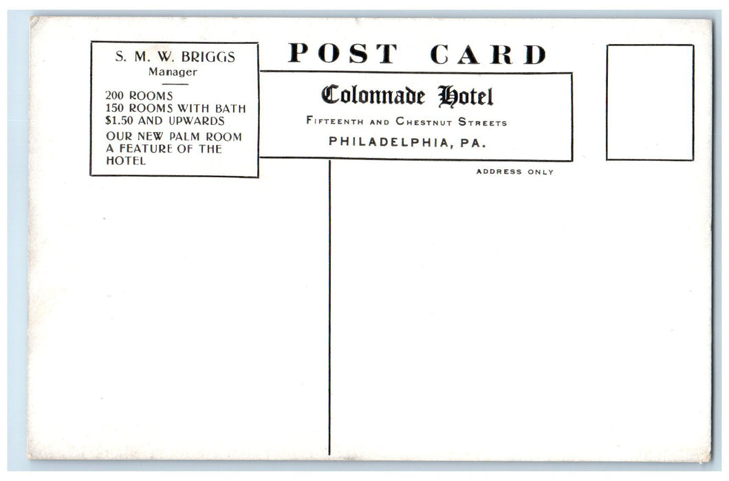 c1910's Colonnade Hotel & Restaurant Cars Philadelphia PA Advertising Postcard