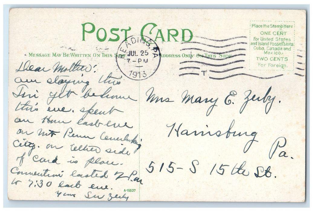 1913 Tower & Hotel Restaurant Trolley Mt. Penn Reading Pennsylvania PA Postcard