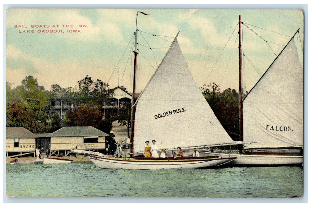 c1910's Sail Boats At The Inn Lake Restaurant Tourists Okoboji Iowa IA Postcard