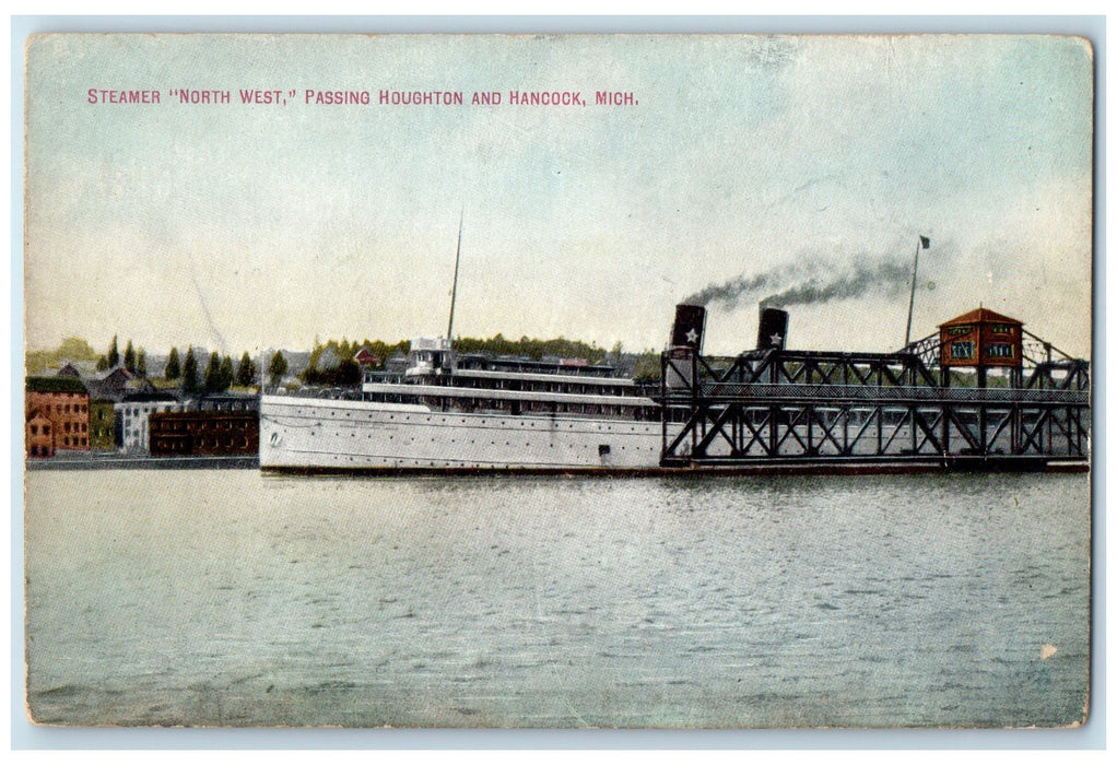 c1910's Steamer Ship Northwest Passing Houghton & Hancock Michigan MI Postcard