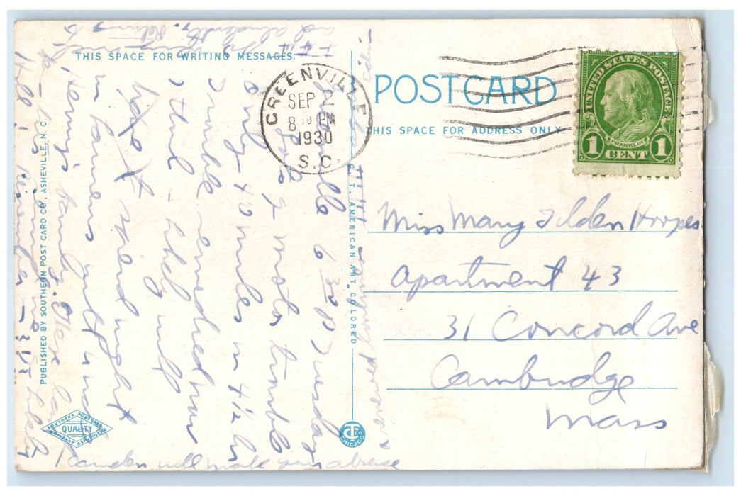 1930 John M. Geer Hall Furman University Greenville South Carolina SC Postcard