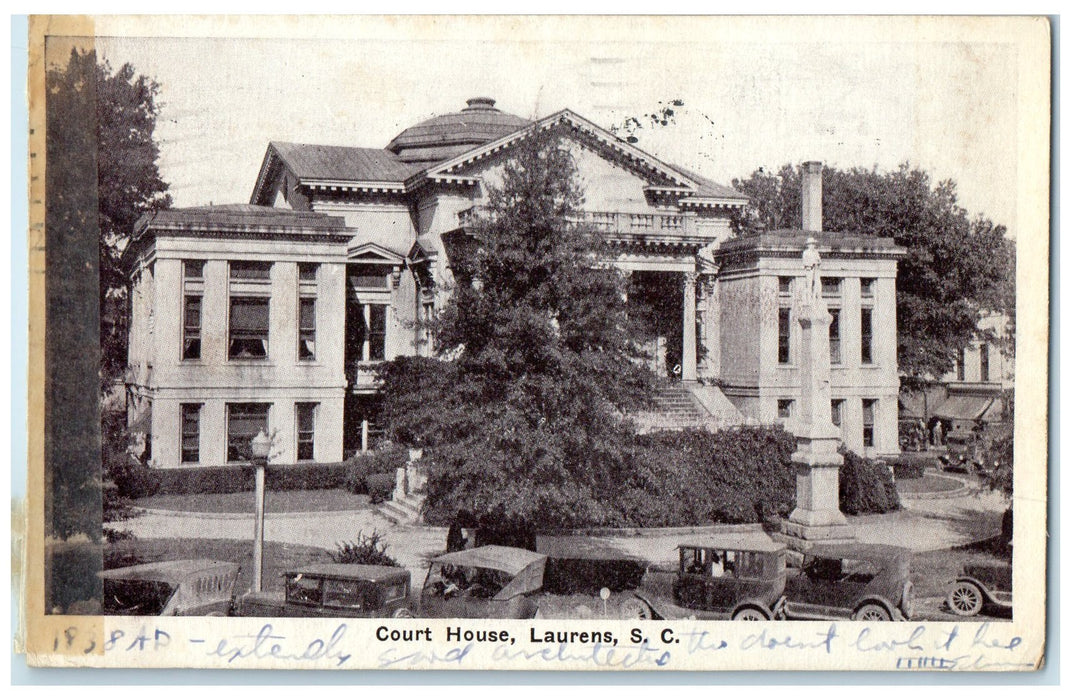 1930 Court House Building Classic Cars Trees Laurens South Carolina SC Postcard