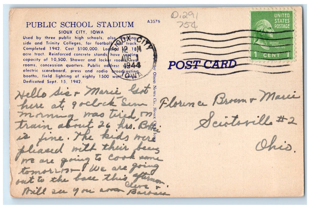 1944 Public School Stadium Sports Events Bleachers Sioux City Iowa IA Postcard