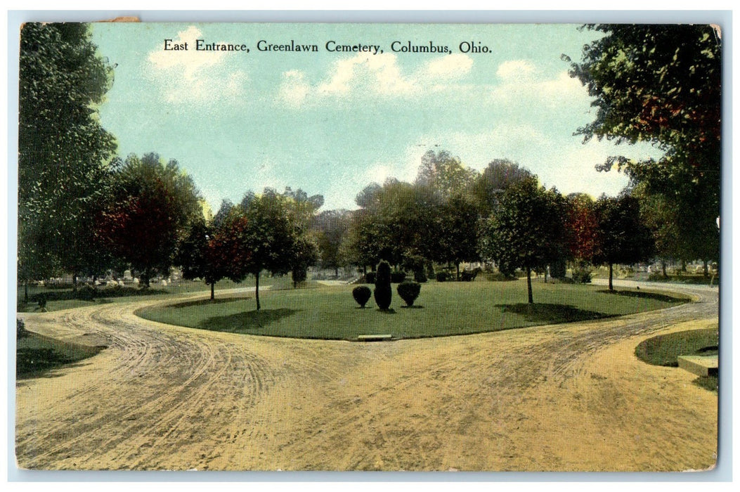 1910 East Entrance Greenlawn Cemetery Dirt Road Trees Columbus Ohio OH Postcard