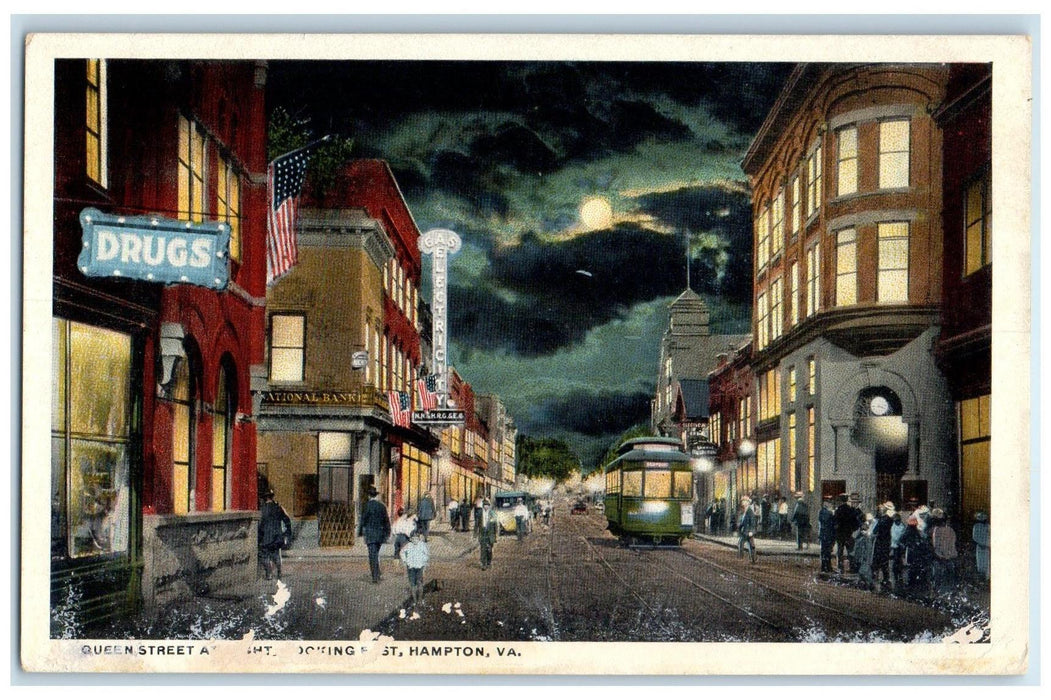 c1920 Queen Street At Night Looking West Drug Store Hampton Virginia VA Postcard