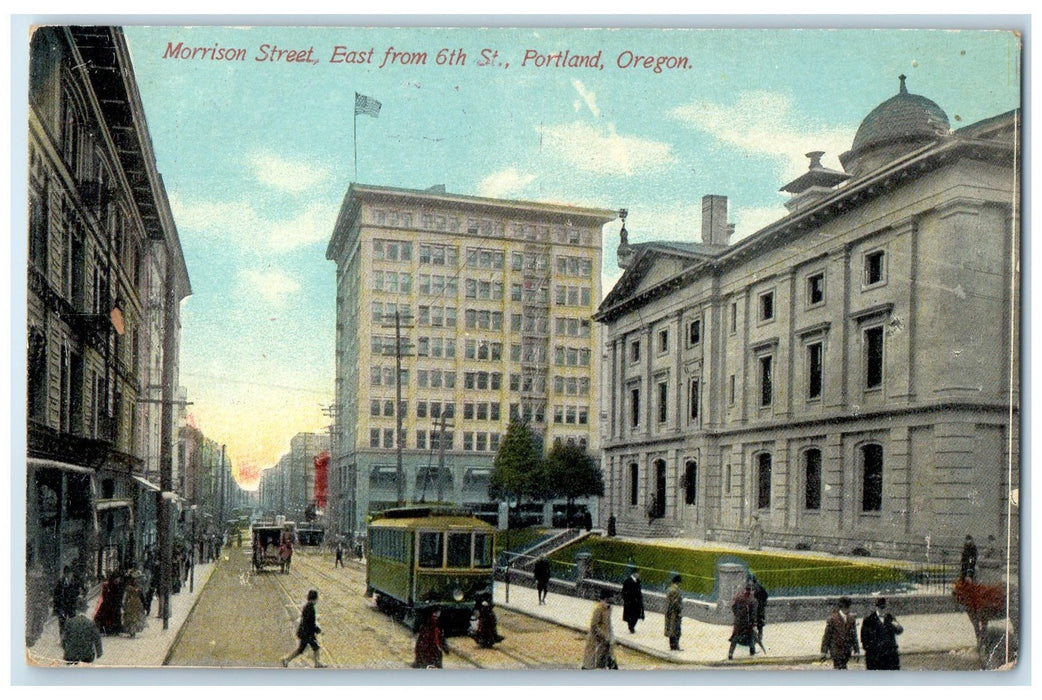 c1910 Morrison St. Building Trolley Railroad People Portland Oregon OR Postcard