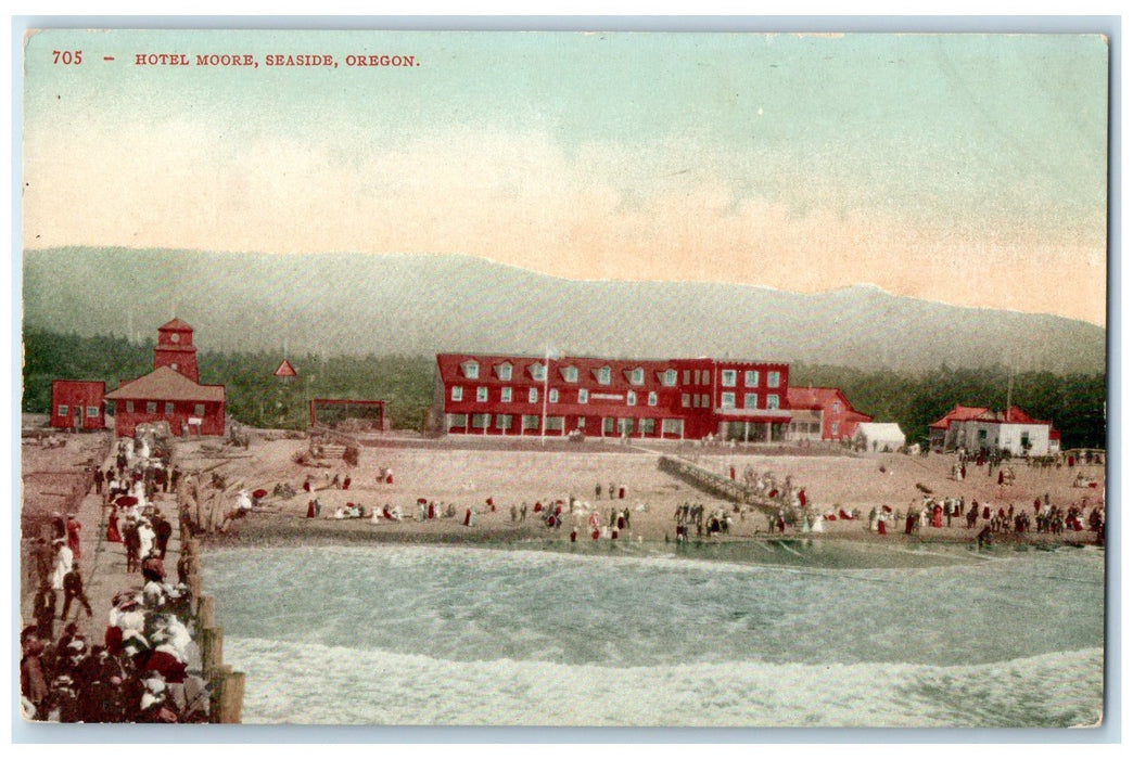 c1950 Hotel Moore & Restaurant Tourists Bathing Crowd Seaside Oregon OR Postcard