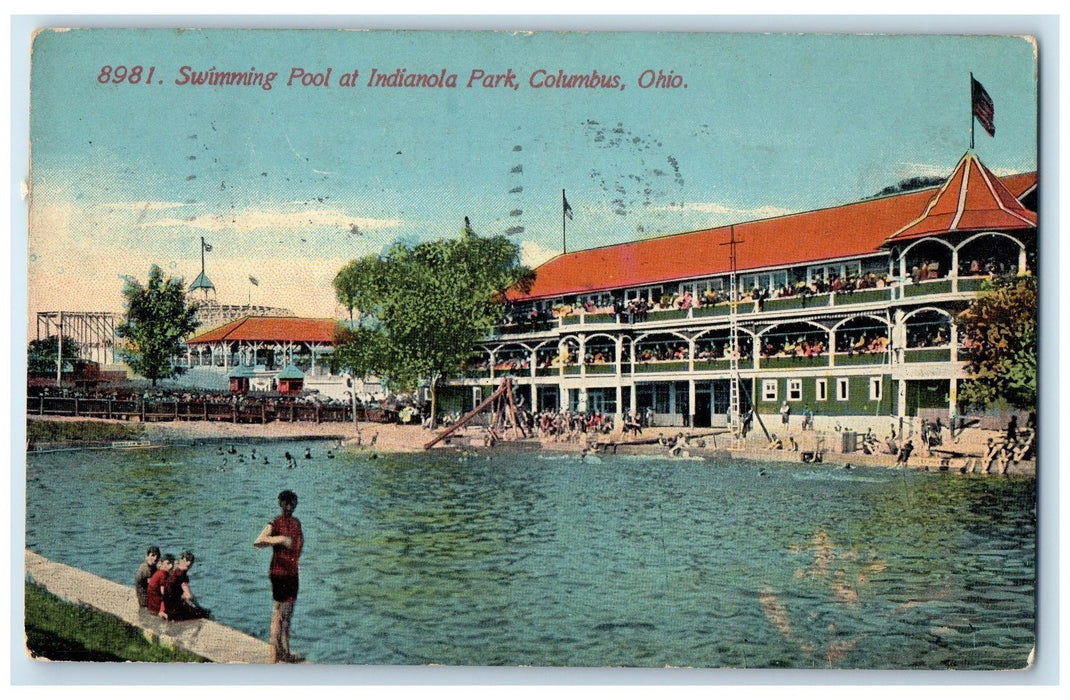 1913 Swimming Pool At Indianola Park Building Crowd Columbus Ohio OH Postcard