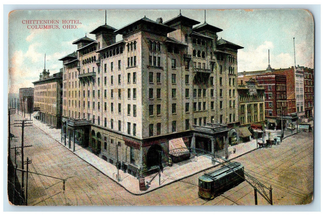 1909 Chittenden Hotel & Restaurant Building Trolley Columbus Ohio OH Postcard