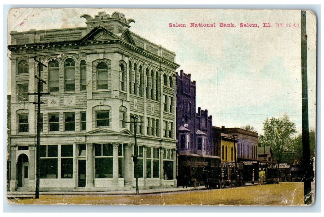 c1910 Salem National Bank Building Dirt Road Horse Buggy Illinois IL Postcard