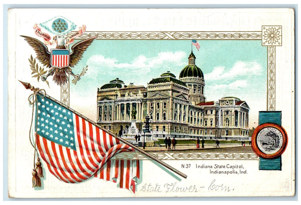 c1920's Indiana State Capitol US Flag Building Indianapolis Indiana IN Postcard