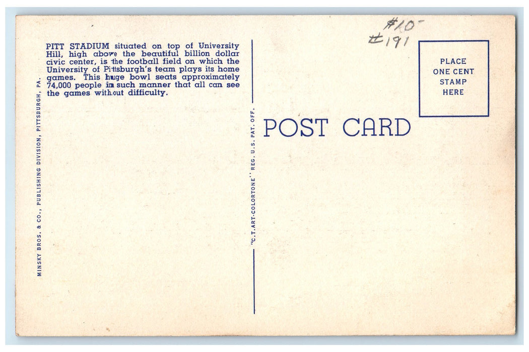 c1940 Pitt Stadium Football Field Bowl Seats Pittsburg Pennsylvania PA Postcard