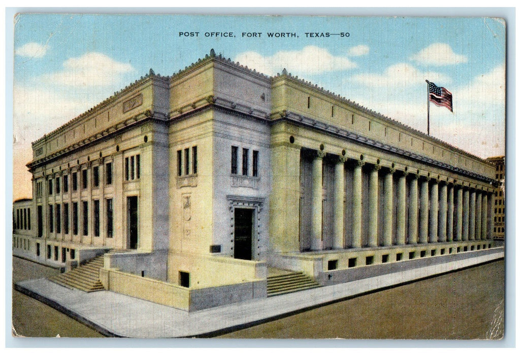 1947 Post Office Building US Flag Stairs Entrance Fort Worth Texas TX Postcard