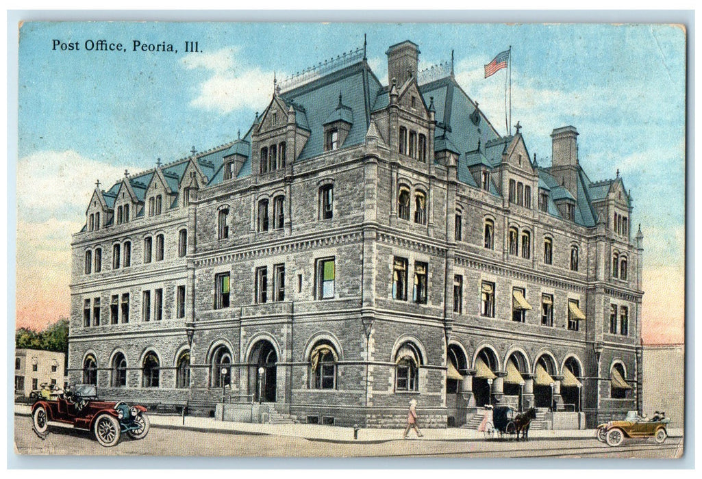 c1910 Post Office Classic Cars Horse Buggy Building Peoria Illinois IL Postcard