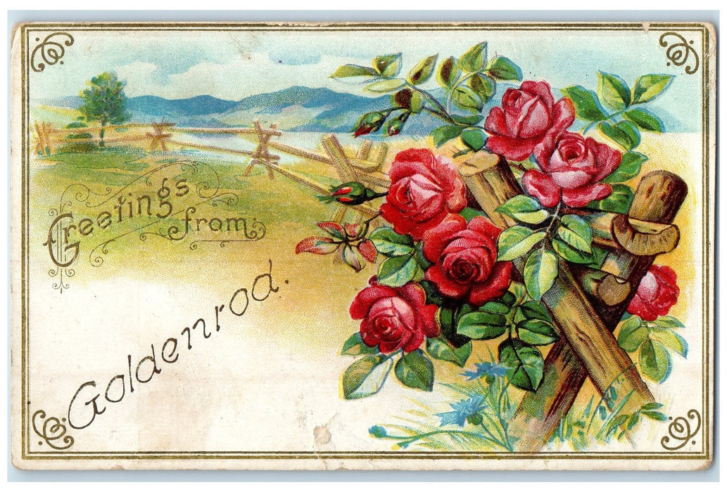 1912 Greetings From Goldenrod Minnesota MN Embossed Fence And Flowers Postcard