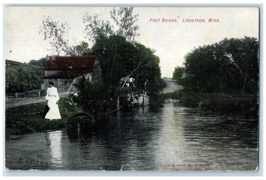 1907 Foot Bridge Woman On Lake River View Lindstrom Minnesota MN Posted Postcard