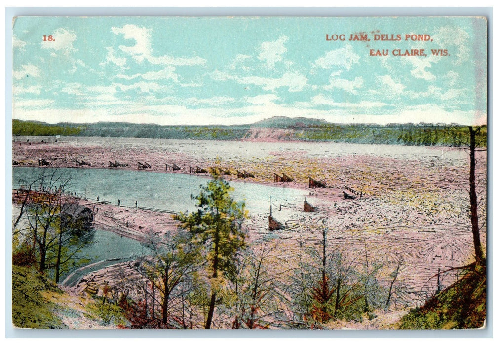 c1910 Log Jam Dells Pond River Lumber Loggers Eau Claire Wisconsin WI Postcard