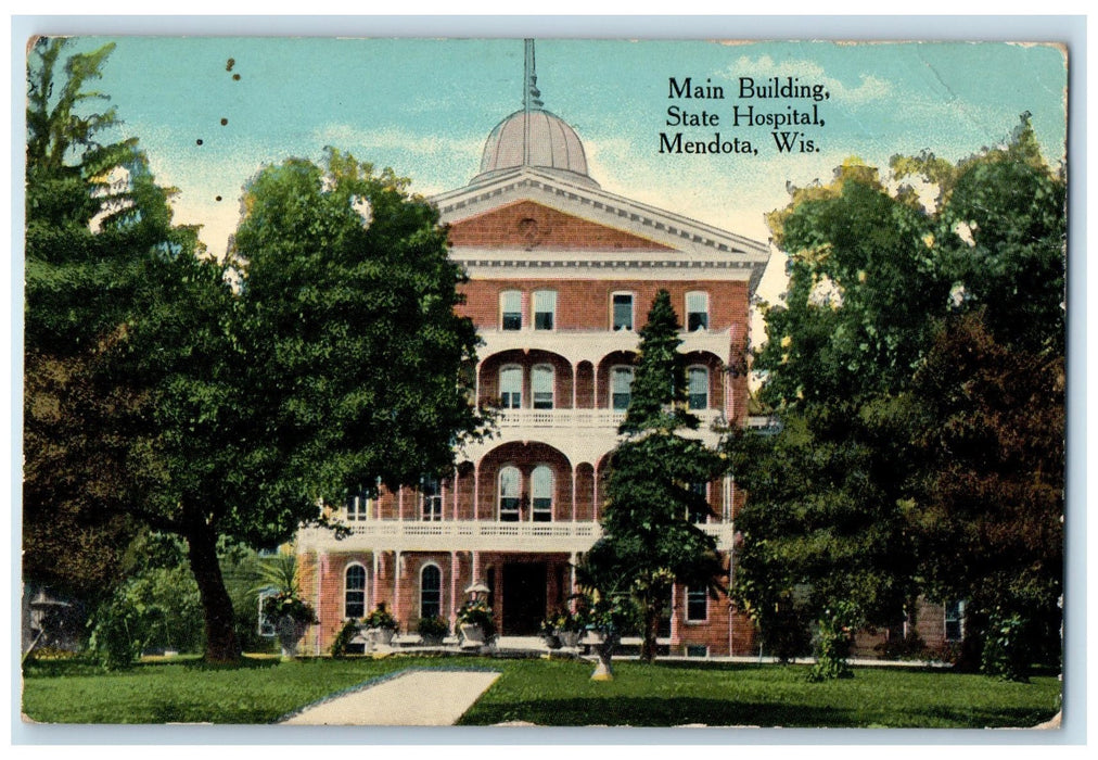 1919 Main Building State Hospital Pathway Entrance Mendota Wisconsin WI Postcard