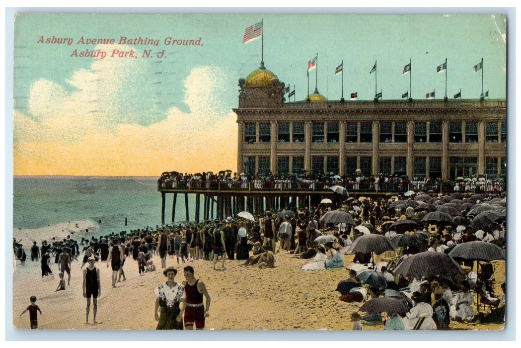 1914 Asbury Avenue Bathing Ground Asbury New Jersey NJ Posted Flags Postcard