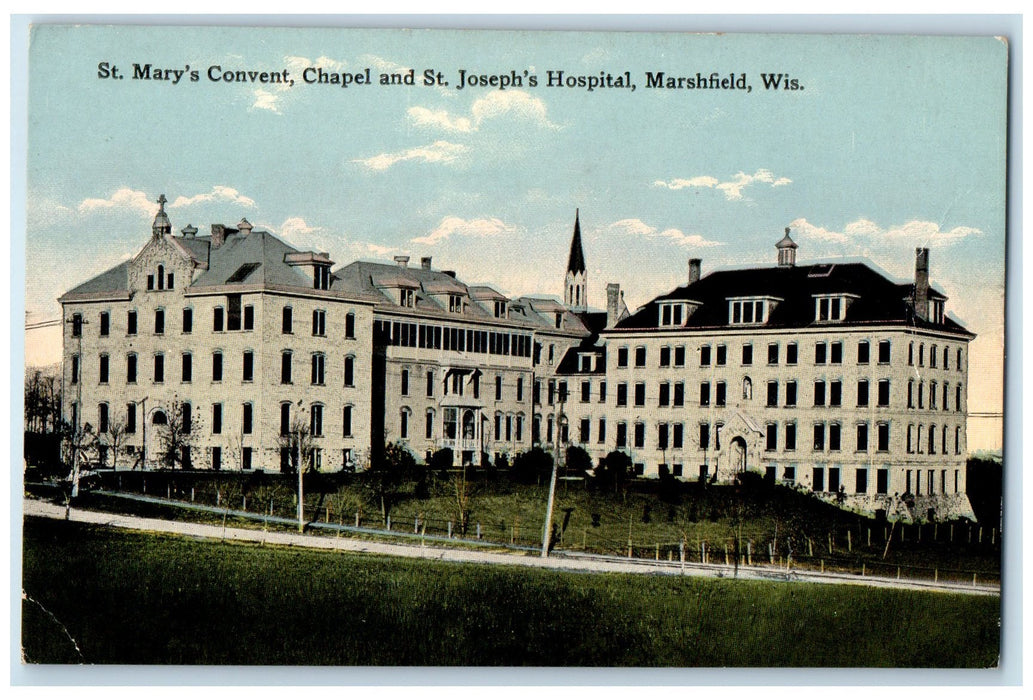 c1910 St. Mary's Convent Chapel & St. Joseph's Hospital Marshfield WI Postcard