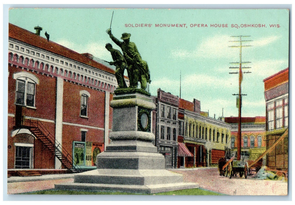 c1910 Soldier's Monument Opera House Statue South Oshkosh Wisconsin WI Postcard