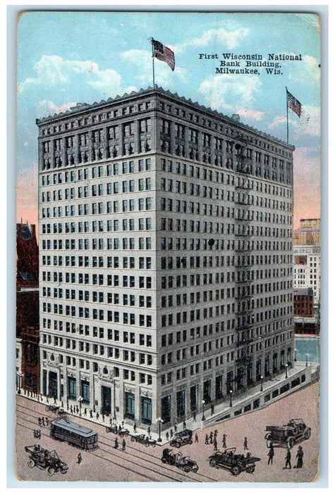 1910 First Wisconsin National Bank Building Cars Milwaukee Wisconsin WI Postcard