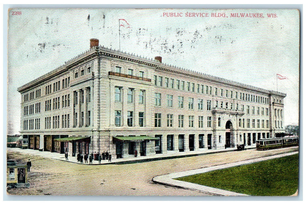 1909 Public Service Building People Dirt Road View Trolley Milwaukee WI Postcard