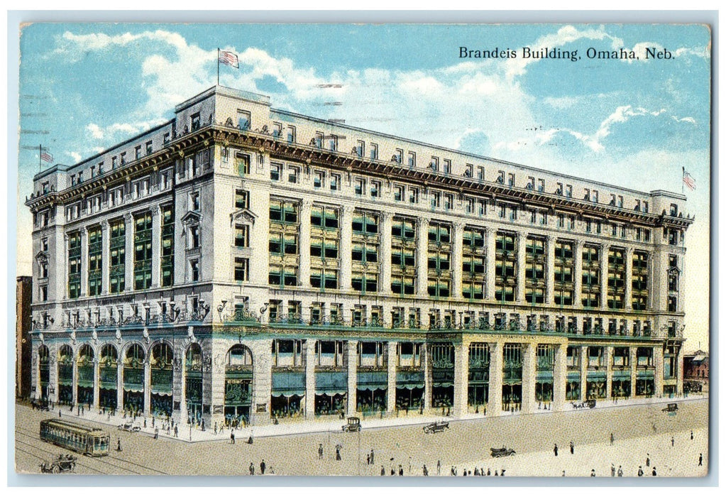 1919 Brandeis Building Exterior Roadside Omaha Nebraska NE Posted Cars Postcard