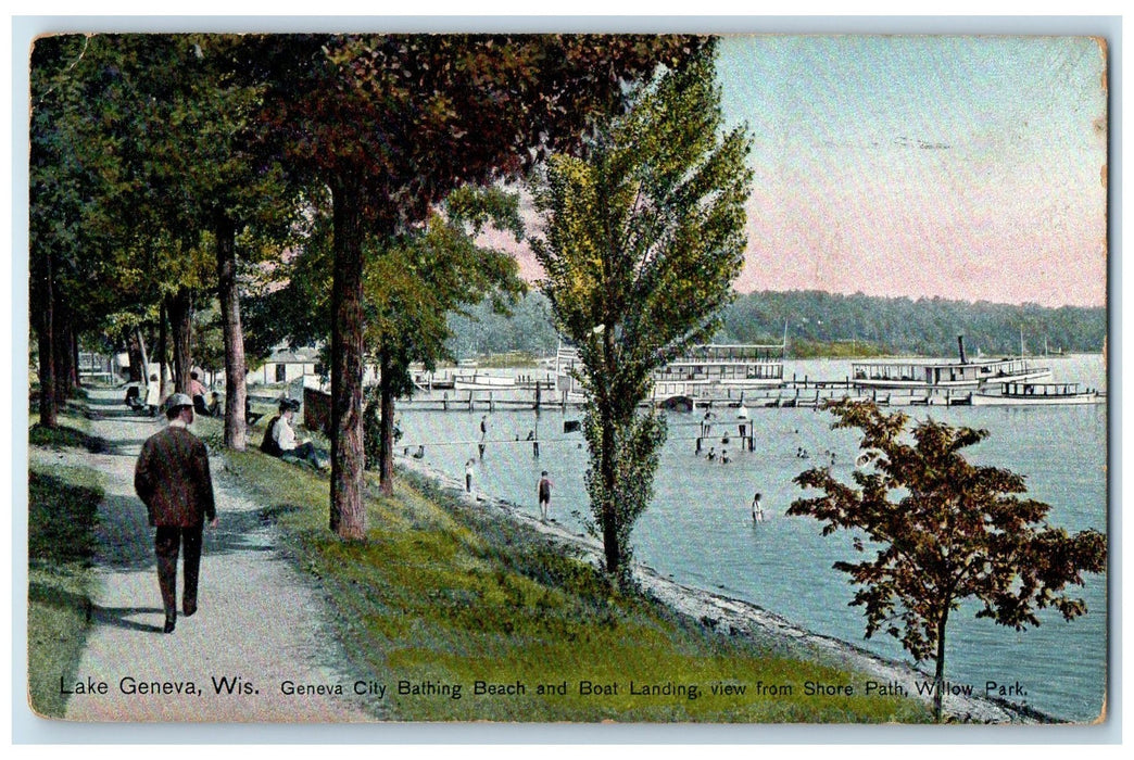 1912 Geneva City Bathing Beach & Boat Landing Lake Geneva Wisconsin WI Postcard