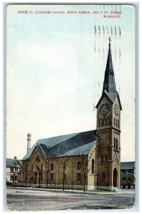 1912 Zion's Evangelical Lutheran Church Clock Tower Road Milwaukee WI Postcard