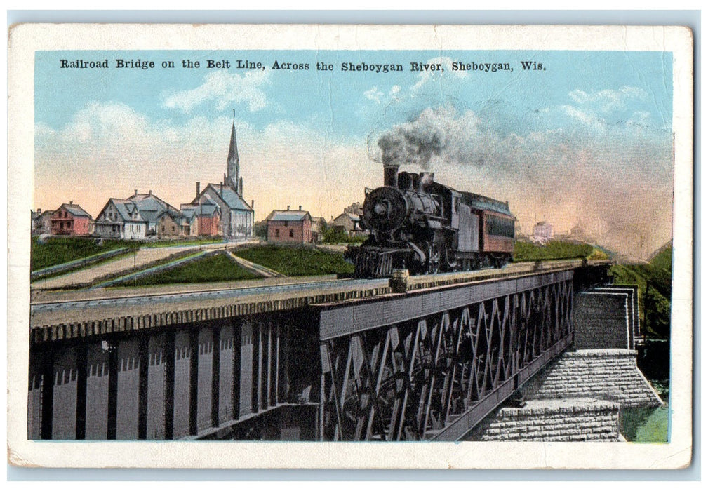 c1920 Railroad Bridge Belt Line Sheboygan River Sheboygan Wisconsin WI Postcard