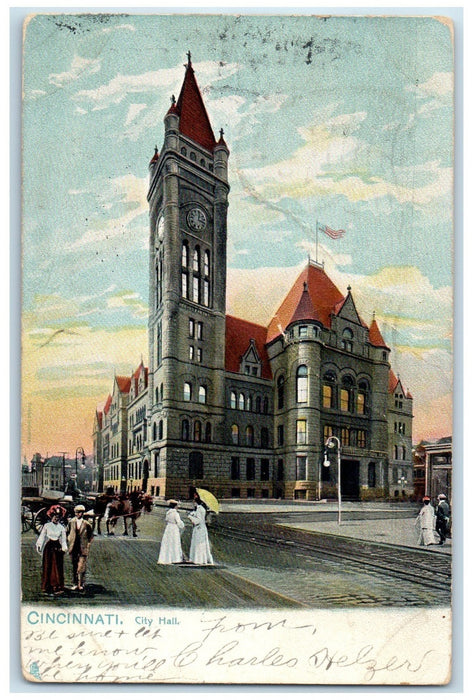 1906 City Hall Exterior Roadside Cincinnati Ohio OH Posted Carriages Postcard