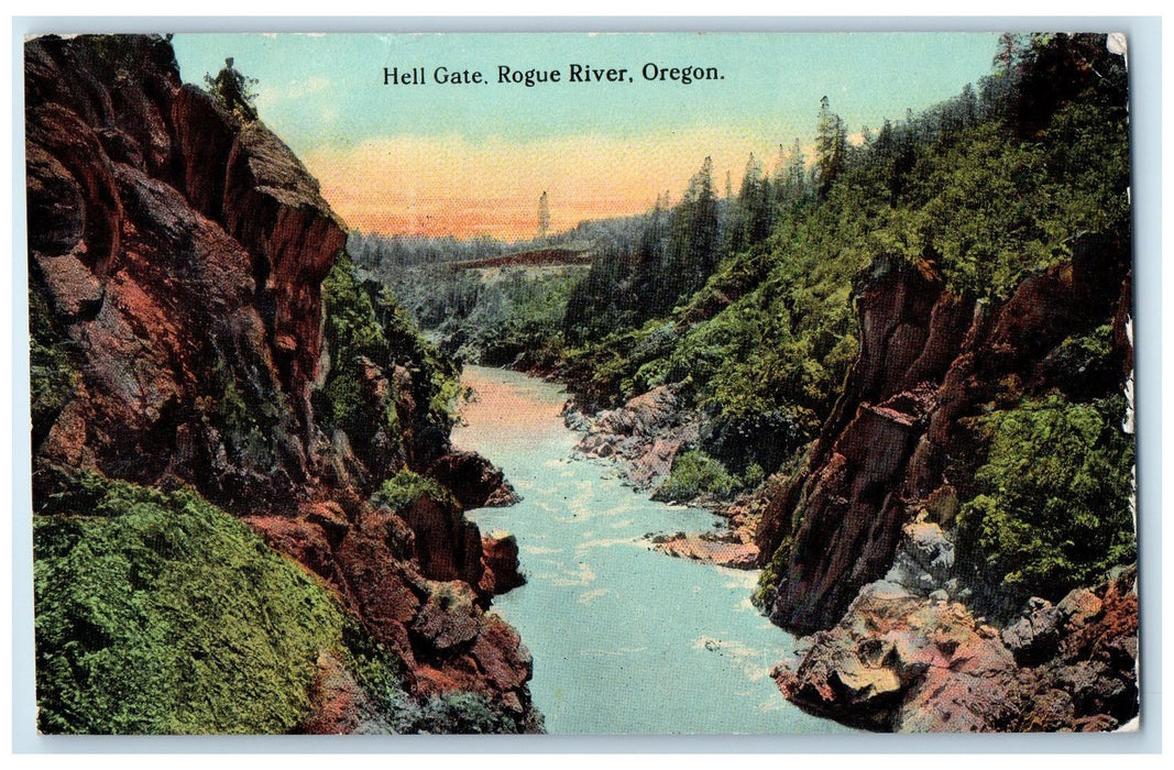 1915 Hell Gate Rouge River Scene Jackson County Oregon OR Posted Trees Postcard