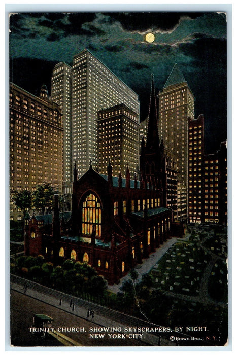 1930 Trinity Church Showing Skycapers By Night New York City NY Posted Postcard