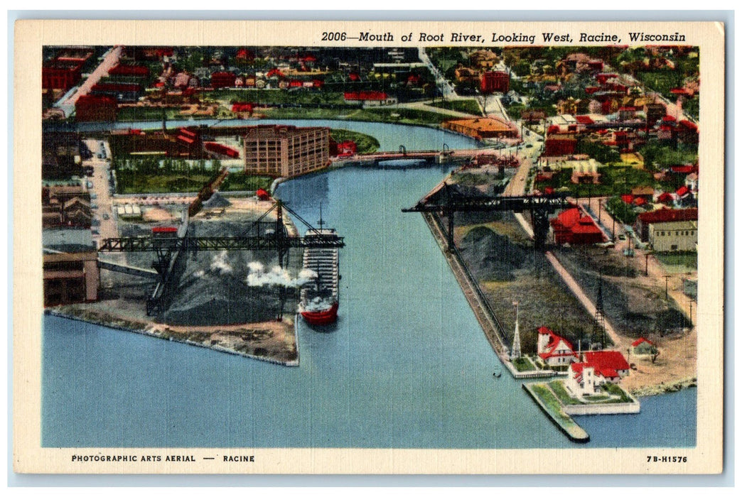 c1940's Mouth Of Root River Bridge Building Steamer Racine Wisconsin WI Postcard
