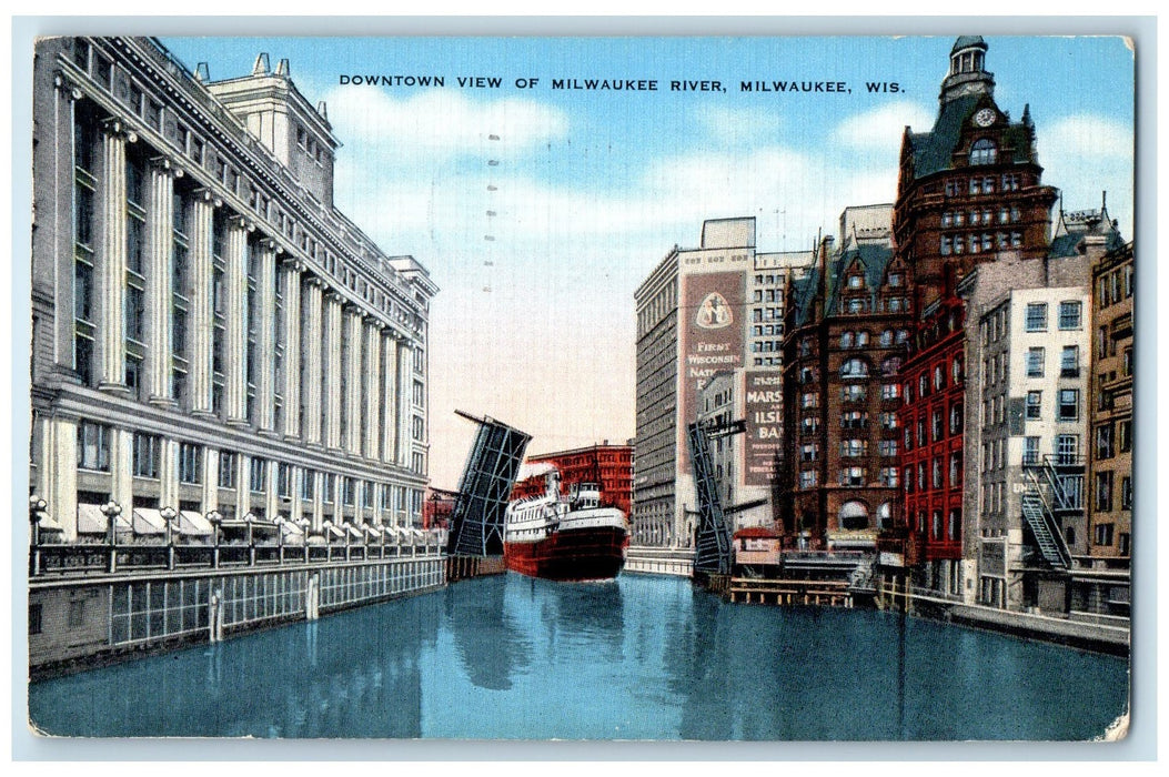 1944 Downtown of Milwaukee River Passenger Ship Milwaukee Wisconsin WI Postcard