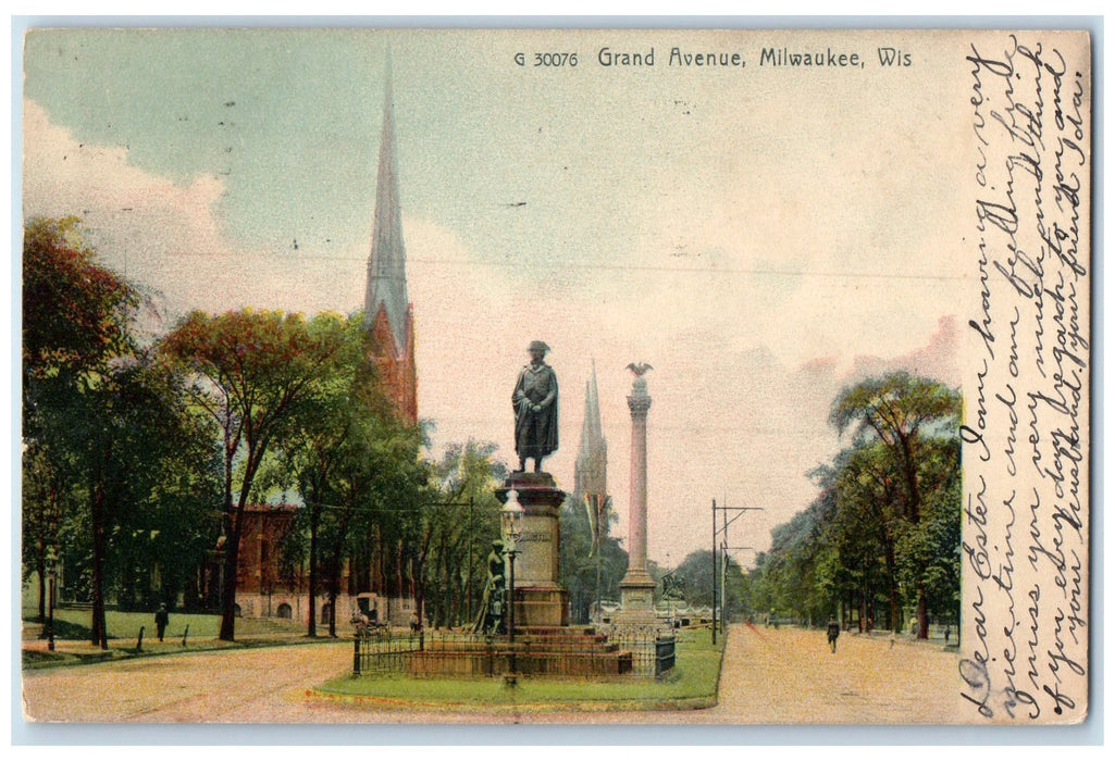 1908 Grand Ave. Monument Statue Tower Dirt Road Milwaukee Wisconsin WI Postcard