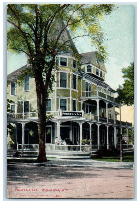 c1910's Fountain Inn Restaurant Porch Guests View Waukesha Wisconsin WI Postcard