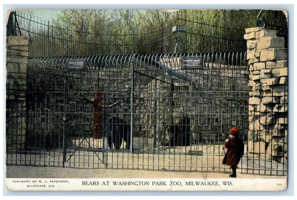 1909 Bears At Washington Park Zoo Kid Watching Milwaukee Wisconsin WI Postcard