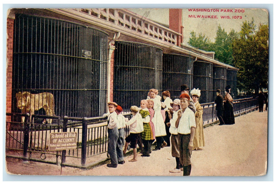 1910 Washington Park Zoo Kids Watching Lion View Milwaukee Wisconsin WI Postcard